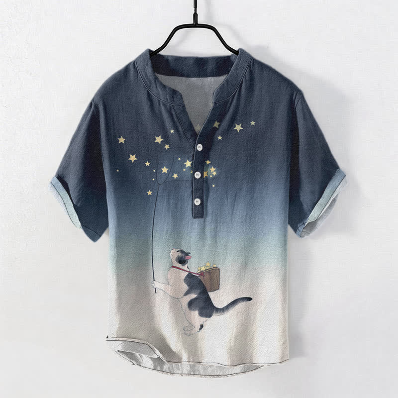 Buddha Stones Cotton Gradient Cat and Stars Pattern Men's Short Sleeve Half Button Shirt - Navy - US/UK/AU50，EU60 (5XL) - image 0