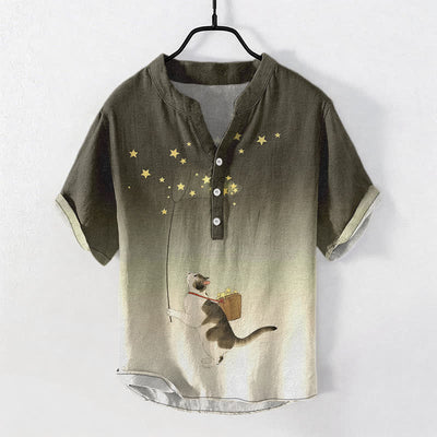 Buddha Stones Cotton Gradient Cat and Stars Pattern Men's Short Sleeve Half Button Shirt - Olive - US/UK/AU50，EU60 (5XL) - image 5