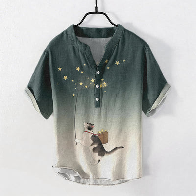 Buddha Stones Cotton Gradient Cat and Stars Pattern Men's Short Sleeve Half Button Shirt - Teal - US/UK/AU50，EU60 (5XL) - image 7