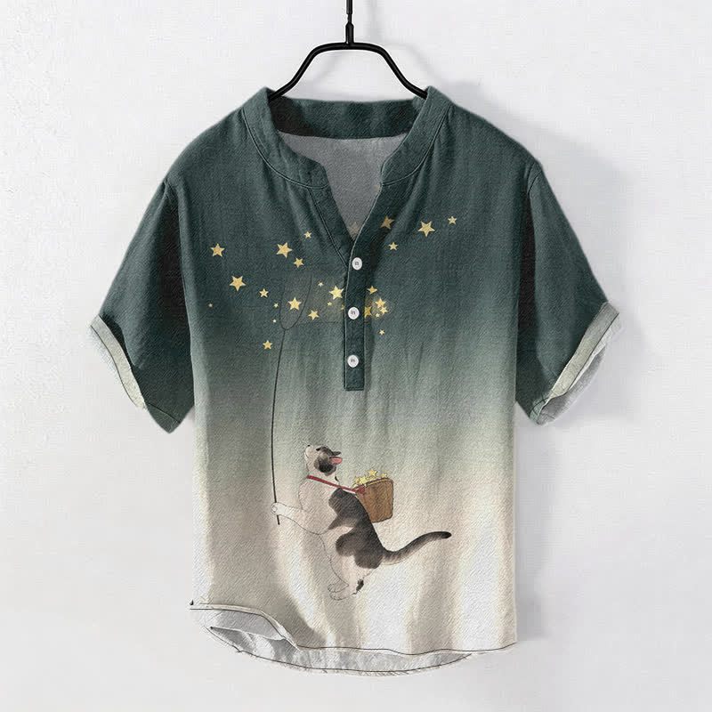 Buddha Stones Cotton Gradient Cat and Stars Pattern Men's Short Sleeve Half Button Shirt - Teal - US/UK/AU50，EU60 (5XL) - image 7