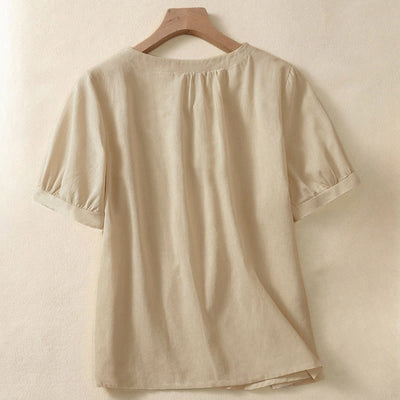 Buddha Stones Casual Women's Plain Crew Neck Button Design Half Sleeve Shirt - image 1