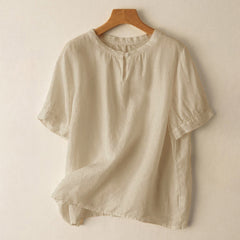Buddha Stones Casual Women's Plain Crew Neck Button Design Half Sleeve Shirt - Beige - US8-10，UK/AU12-14，EU40-42 (2XL) - image 0