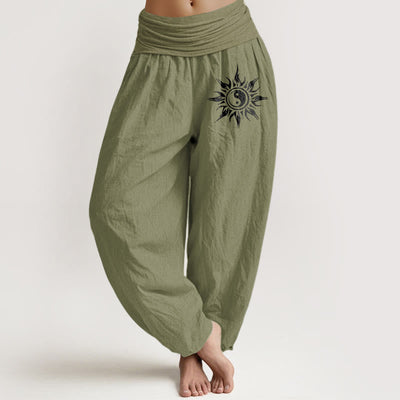 Buddha Stones Pure Cotton Yin Yang Sun Pattern Women's Elastic Waist Harem Pants - OliveDrab - US16，UK/AU20，EU48 (3XL) - image 14