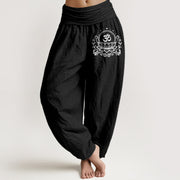 Foviel Pure Cotton Sacred Lotus Om Pattern Women's Elastic Waist Harem Pants