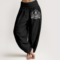Buddha Stones Pure Cotton Sacred Lotus Om Pattern Women's Elastic Waist Harem Pants - Black - US16，UK/AU20，EU48 (3XL) - image 0