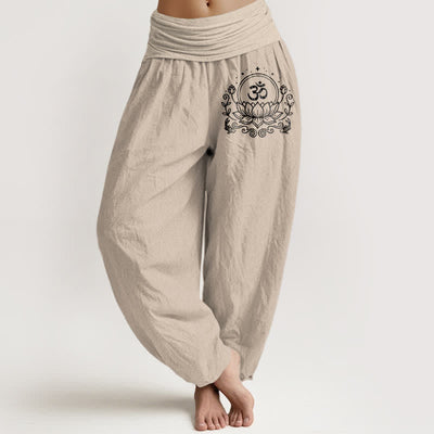 Buddha Stones Pure Cotton Sacred Lotus Om Pattern Women's Elastic Waist Harem Pants - Tan - US16，UK/AU20，EU48 (3XL) - image 11
