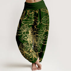 Buddha Stones Cotton Lotus Pond Fish Pattern Women's Elastic Waist Harem Pants - DarkGreen - US16，UK/AU20，EU48 (3XL) - image 0