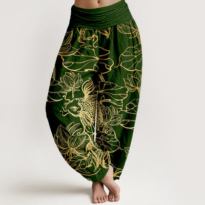 Buddha Stones Cotton Lotus Pond Fish Pattern Women's Elastic Waist Harem Pants - DarkGreen - US16，UK/AU20，EU48 (3XL) - image 0