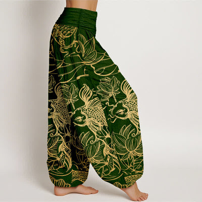 Buddha Stones Cotton Lotus Pond Fish Pattern Women's Elastic Waist Harem Pants - image 1