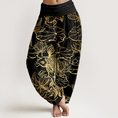 Buddha Stones Cotton Lotus Pond Fish Pattern Women's Elastic Waist Harem Pants - Black - US16，UK/AU20，EU48 (3XL) - image 5