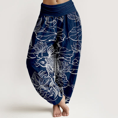 Buddha Stones Cotton Lotus Pond Fish Pattern Women's Elastic Waist Harem Pants - Navy - US16，UK/AU20，EU48 (3XL) - image 8