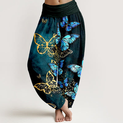 Buddha Stones Cotton Artistic Butterfly Glow Pattern Women's Elastic Waist Harem Pants - Teal - US16，UK/AU20，EU48 (3XL) - image 0