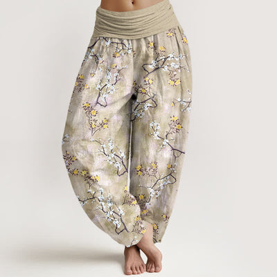 Buddha Stones Cotton Botanical Floral Branch Pattern Women's Elastic Waist Harem Pants - PaleGoldenrod - US16，UK/AU20，EU48 (3XL) - image 8
