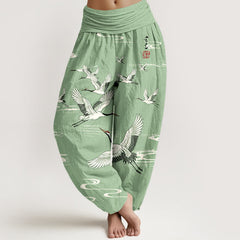 Buddha Stones Cotton Oriental Crane Wave Pattern Women's Elastic Waist Harem Pants - PaleGreen - US16，UK/AU20，EU48 (3XL) - image 0