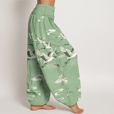 Buddha Stones Cotton Oriental Crane Wave Pattern Women's Elastic Waist Harem Pants - image 1