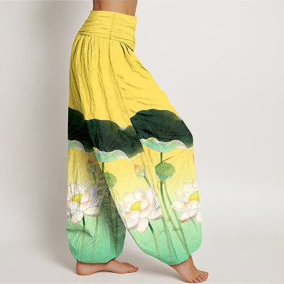 Buddha Stones Cotton Elegant Lotus Flower Pattern Women's Elastic Waist Harem Pants - image 1