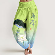 Foviel Cotton Elegant Lotus Flower Pattern Women's Elastic Waist Harem Pants