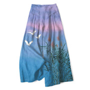 Foviel Baumwolle Leinen Gradient Kran Reed Muster Damen elastische Taille weites Bein Hose mit Taschen