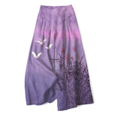 Buddha Stones Cotton Linen Gradient Crane Reed Pattern Women's Elastic Waist Wide Leg Pants With Pockets - MediumPurple - US16，UK/AU20，EU48 (3XL) - image 6