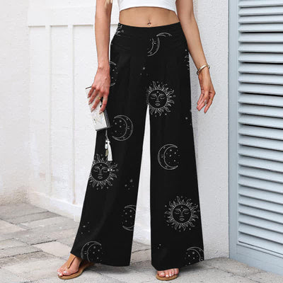 Buddha Stones Cotton Linen Celestial Sun Moon Pattern Women's Elastic Waist Wide Leg Pants With Pockets - image 1