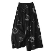 Foviel Baumwolle Leinen Himmlisches Sonnenmondmuster Damenelastisch Taille weites Bein Hose mit Taschen