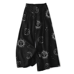 Buddha Stones Cotton Linen Celestial Sun Moon Pattern Women's Elastic Waist Wide Leg Pants With Pockets - Black - US16，UK/AU20，EU48 (3XL) - image 0