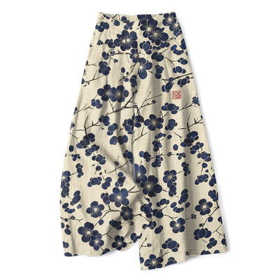 Buddha Stones Cotton Linen Vintage Indigo Floral Pattern Women's Elastic Waist Wide Leg Pants With Pockets - Beige - US16，UK/AU20，EU48 (3XL) - image 0