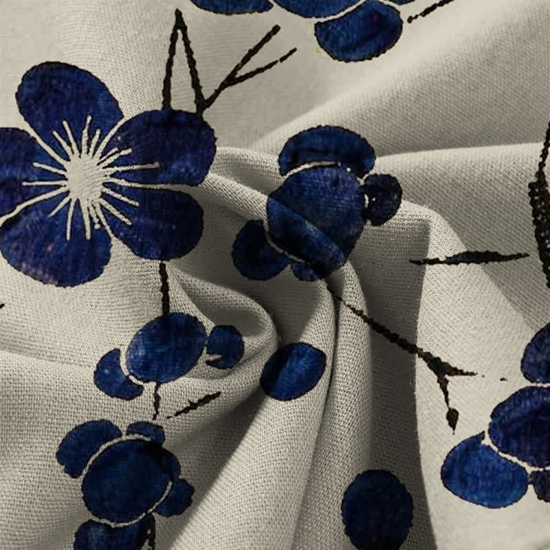 Buddha Stones Cotton Linen Vintage Indigo Floral Pattern Women's Elastic Waist Wide Leg Pants With Pockets - image 3