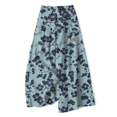 Buddha Stones Cotton Linen Vintage Indigo Floral Pattern Women's Elastic Waist Wide Leg Pants With Pockets - PaleTurquoise - US16，UK/AU20，EU48 (3XL) - image 4