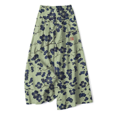 Buddha Stones Cotton Linen Vintage Indigo Floral Pattern Women's Elastic Waist Wide Leg Pants With Pockets - PaleGreen - US16，UK/AU20，EU48 (3XL) - image 6