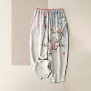 Foviel Pure Cotton Ink Magnolia Pattern Women's Elastic Waist Pants With Pockets