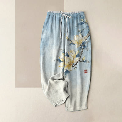 Buddha Stones Pure Cotton Ink Magnolia Pattern Women's Elastic Waist Pants With Pockets - LightSkyBlue - US16，UK/AU20，EU48 (3XL) - image 4