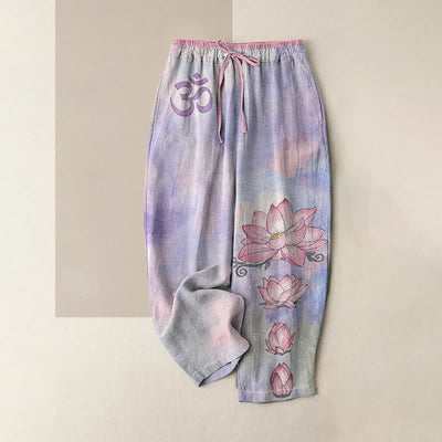Buddha Stones Pure Cotton Zen Om Lotus Bloom Pattern Women's Elastic Waist Pants With Pockets - MediumPurple - US16，UK/AU20，EU48 (3XL) - image 4