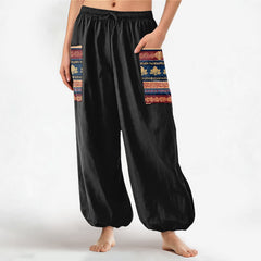 Buddha Stones Cotton Bohemian Lotus Geometric Pattern Women's Elastic Waist Harem Pants With Side Pockets - Black - US16，UK/AU20，EU48 (3XL) - image 0