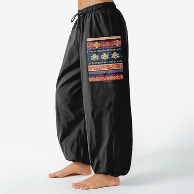 Buddha Stones Cotton Bohemian Lotus Geometric Pattern Women's Elastic Waist Harem Pants With Side Pockets - image 1