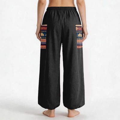 Buddha Stones Cotton Bohemian Lotus Geometric Pattern Women's Elastic Waist Harem Pants With Side Pockets - image 2