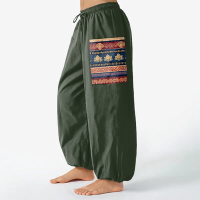 Buddha Stones Cotton Bohemian Lotus Geometric Pattern Women's Elastic Waist Harem Pants With Side Pockets - image 8