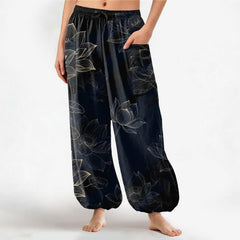 Buddha Stones Cotton Lotus Floral Line Art Pattern Women's Elastic Waist Harem Pants With Side Pockets - Black - US16，UK/AU20，EU48 (3XL) - image 0