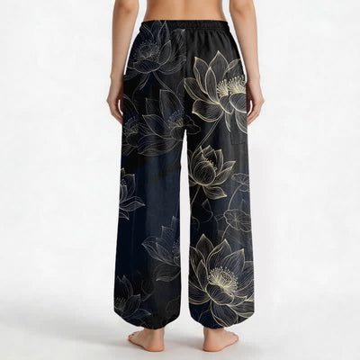 Buddha Stones Cotton Lotus Floral Line Art Pattern Women's Elastic Waist Harem Pants With Side Pockets - image 2