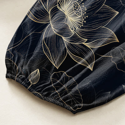 Buddha Stones Cotton Lotus Floral Line Art Pattern Women's Elastic Waist Harem Pants With Side Pockets - image 6