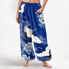Buddha Stones Cotton Oriental Crane Peony Pattern Women's Elastic Waist Harem Pants With Side Pockets - RoyalBlue - US16，UK/AU20，EU48 (3XL) - image 0