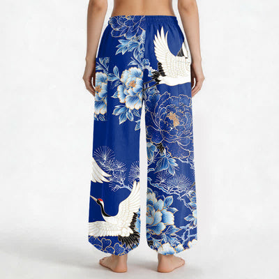 Buddha Stones Cotton Oriental Crane Peony Pattern Women's Elastic Waist Harem Pants With Side Pockets - image 2