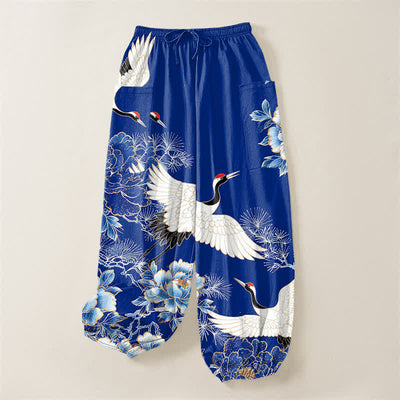 Buddha Stones Cotton Oriental Crane Peony Pattern Women's Elastic Waist Harem Pants With Side Pockets - image 3