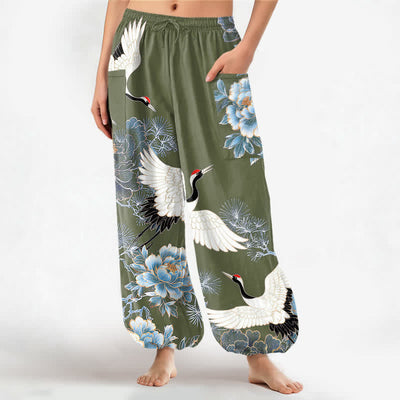 Buddha Stones Cotton Oriental Crane Peony Pattern Women's Elastic Waist Harem Pants With Side Pockets - OliveDrab - US16，UK/AU20，EU48 (3XL) - image 7