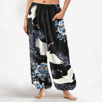 Buddha Stones Cotton Oriental Crane Peony Pattern Women's Elastic Waist Harem Pants With Side Pockets - Black - US16，UK/AU20，EU48 (3XL) - image 10