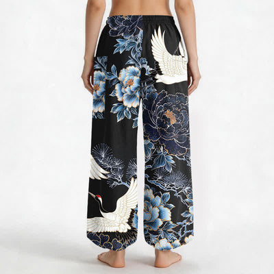 Buddha Stones Cotton Oriental Crane Peony Pattern Women's Elastic Waist Harem Pants With Side Pockets - image 12