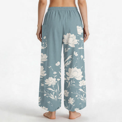 Buddha Stones Cotton Vintage Lotus Bloom Pattern Women's Elastic Waist Harem Pants With Side Pockets - image 12