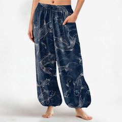 Buddha Stones Cotton Zen Koi Ripple Pattern Women's Elastic Waist Harem Pants With Side Pockets - Navy - US16，UK/AU20，EU48 (3XL) - image 0