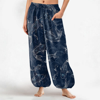 Buddha Stones Cotton Zen Koi Ripple Pattern Women's Elastic Waist Harem Pants With Side Pockets - Navy - US16，UK/AU20，EU48 (3XL) - image 0