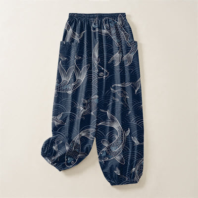 Buddha Stones Cotton Zen Koi Ripple Pattern Women's Elastic Waist Harem Pants With Side Pockets - image 4